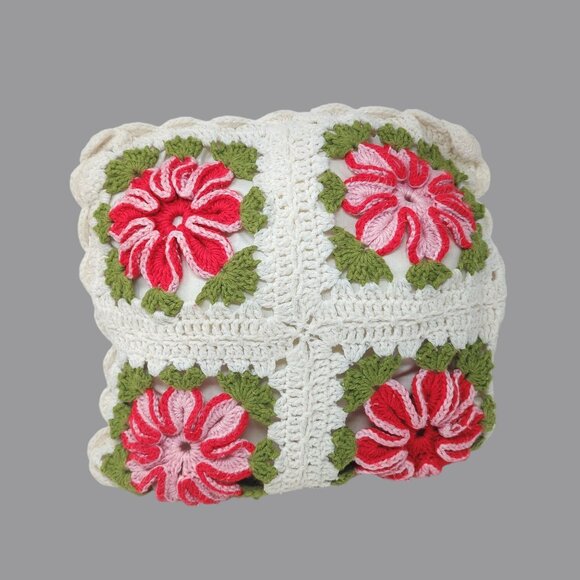 Crochet Pillow Square White Floral Hand Cottagecore - Picture 1 of 7